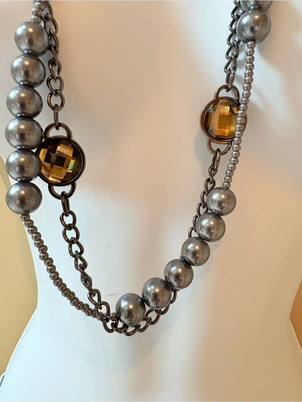 Belt or Necklace Floral Accent Multi-Strand Silver Pearls Amber Crystals Fabric